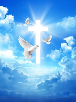 Faith theme. Blue sky with clouds. Glowing white cross in center. Three doves flying around the cross.